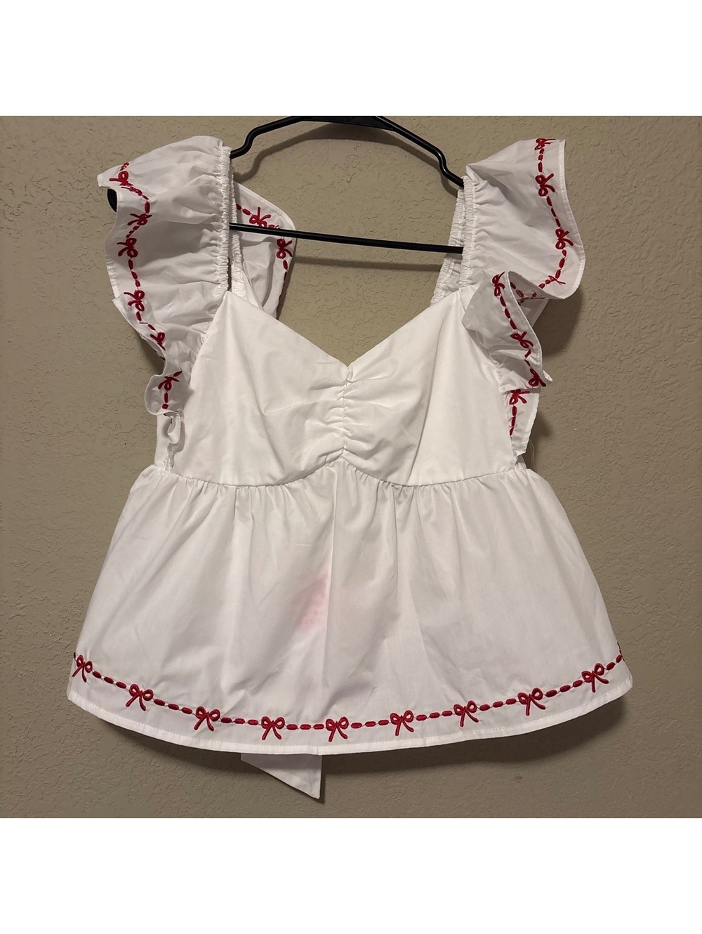 Main Strip White Red Bow Embroidered Ruffle Sleeve Top Small